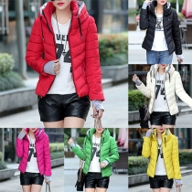 Fashion Contrast Color Front Zipper Stand Collar Hooded Long Sleeve Padded Coat