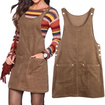Fashion Solid Color Round Neck Sleeveless 2 Pockets Strap Dress