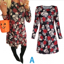 Creative Style Flower Skull Printed Long Sleeve Round Neck Dress