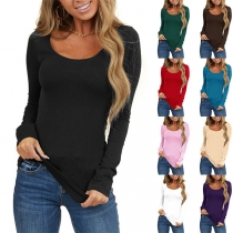 Sexy Solid Color Scoop Neck Long Sleeve Crinkle T-shirt