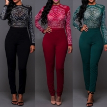 Sexy Solid Color Hotfix Rhinestone Round Neck Long Sleeve Slim-fitting Jumpsuit