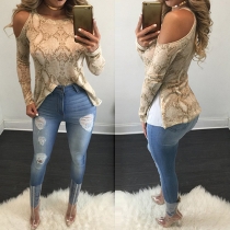 Sexy Snakeskin Printed Round Neck Cold Shoulder Long Sleeve Tops