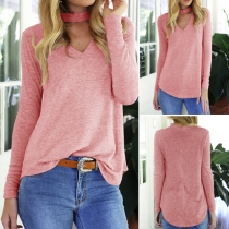 Fashion Solid Color Choker Neckline V-neck Long Sleeve Tops