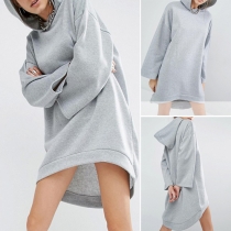 Casual Style Solid Color Long Sleeve Hooded High-low Hemline Sweatshirt Dress