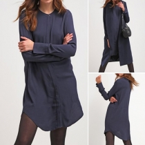Fashion Solid Color Round Neck Long Sleeve Slit Hem Dress
