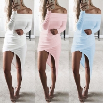 Sexy Solid Color Off Shoulder Long Sleeve Irregular Hemline Dress