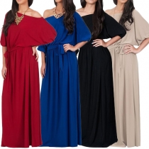 Elegant Solid Color Boat Neck Half Sleeve Gathered Waist Maxi Dress