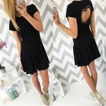 Sexy Round Neck Short Sleeve Back Heart-shaped Hollow Out Ruffle Hem Dress