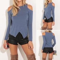 Fashion Solid Color Round Neck Long Sleeve Cold Shoulder Irregular Hemline T-shirt
