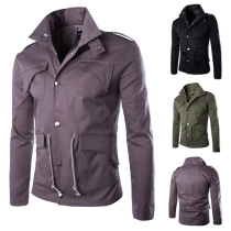 Trendy Solid Color Lapel Long Sleeve Single-breasted Drawstring Waist Men's Jacket