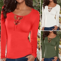 Sexy Solid Color Round Neck Long Sleeve Lace-up Hollow Out T-shirt