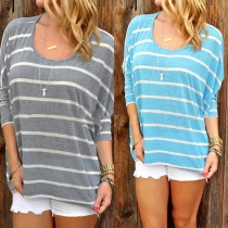 Casual Style Round Neck Bat Sleeve Striped Loose-fitting Tops