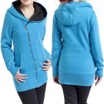 Casual Style 2 Side Pockets Oblique Zipper Hooded Long Sleeve Women's Sweatshirt