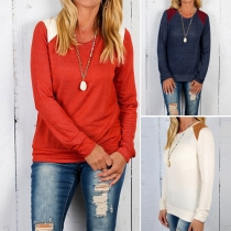 Casual Style Contrast Color Round Neck Long Sleeve T-shirt