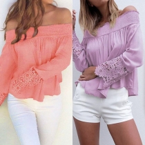 Sexy Solid Color Lace Spliced Off Shoulder Long Sleeve Crinkle Tops