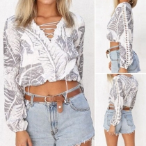 Sexy Printed Lace-up V-neck Long Sleeve Hollow Out Crop Tops