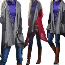 Fashion Contrast Color 2 Side Pockets Collar Long Sleeve Irregular Hemline Cardigan