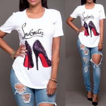 Fashion Heels Printed Round Neck Short Sleeve T-shirt