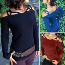 Sexy Solid Color Cold Shoulder Hollow Out Long Sleeve Slim Fit T-shirt