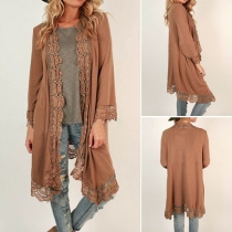 Fashion Solid Color Lace Spliced Long Sleeve Cardigan