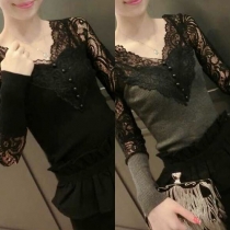 Sexy Lace Spliced Hollow Out V-neck Long Sleeve Knit Sweater