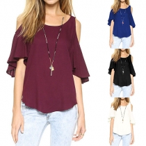 Sexy Solid Color Round Neck Cold Shoulder Ruffle Sleeve Chiffon Tops