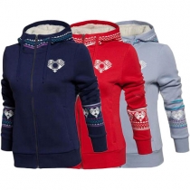 Fashion Printed Front Zipper Long Sleeve Hooded Women's Sweatshirt Coat