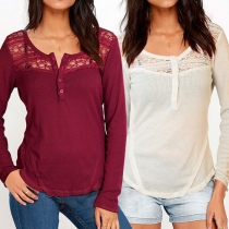 Sexy Solid Color Lace Spliced Round Neck Long Sleeve High-low Hemline Tops
