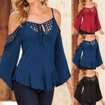 Sexy Lace Spliced Hollow Out Cold Shoulder Long Sleeve Ruffle Hem T-shirt