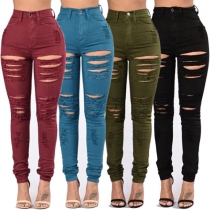 Fashion Solid Color Ripped Skinny Denim Pants For Women