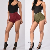 Sexy Solid Color High Waist Ripped Tassel Denim Shorts For Women