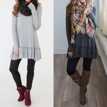 Casual Style Solid Color Round Neck Long Sleeve Ruffle Hemline Tops