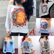 Sexy Printed Oblique Shoulder Long Sleeve Loose-fitting T-shirt
