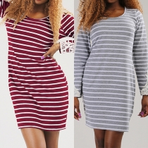 Trendy Lace Spliced Round Neck Long Sleeve Striped Dress