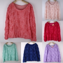 Sweet Solid Color Rose Embroidery Round Neck Long Sleeve T-shirt