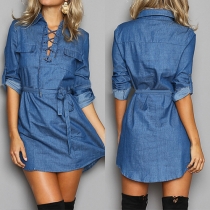 Fashion Front Lace-up 2 Side Pockets Lapel Button-tab Sleeve Denim Dress