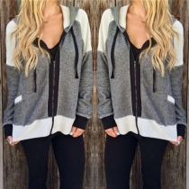 Trendy Contrast Color Front Zipper Long Sleeve Hooded Women's Sweatshirt Coat