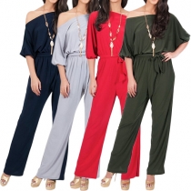 Sexy Solid Color Boat Neck Half Sleeve Jumpsuit with Waist Strap