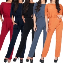Fashion Solid Color Boat Neck Bat Sleeve Gathered Waist Jumpsuit