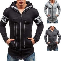 Casual Style Letters Printed Front Zipper Long Sleeve Hooded Men's Sweatshirt Coat