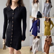 Trendy Solid Color Single-breasted Round Neck Long Sleeve Knit Dress