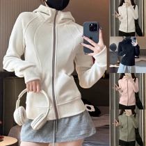 Casual Style Solid Color Front Zipper Long Sleeve Hooded Sweatshirt For Women