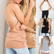 Sexy Solid Color Turtleneck Backless Sleeveless Halter Sweater