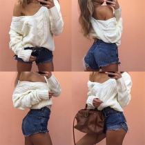 Sexy Solid Color V-neck Long Sleeve Loose-fitting Knit Sweater