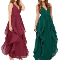 Sexy Solid Color V-neck Sleeveless Multi-layer Ruffle Hem Maxi Dress