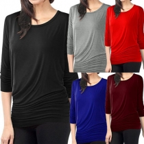 Concise Style Solid Color Round Neck Long Sleeve Tops