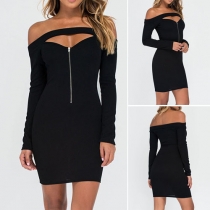 Sexy Solid Color Front Zipper Hollow Out Off Shoulder Long Sleeve Dress