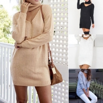 Sexy Solid Color Choker Neckline V-neck Long Sleeve Sweater Dress