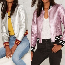 Fashion 2 Side Pockets Striped Spliced Long Sleeve Women's Baseball Jacket