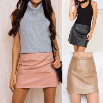 Sexy Solid Color Slit Hem PU Bust Skirt